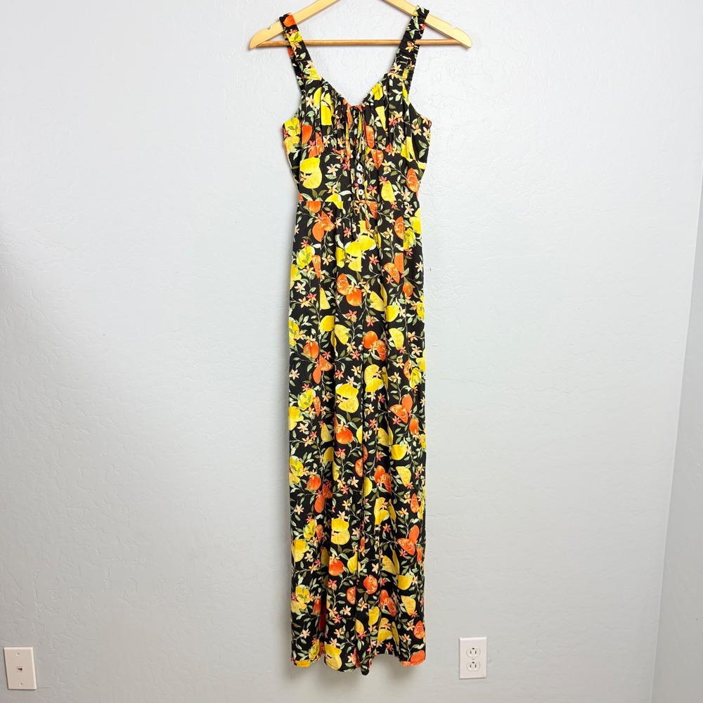 Sadie & Sage Lemon Orange Citrus Print Jumpsuit Black XS Wide Leg Button Front